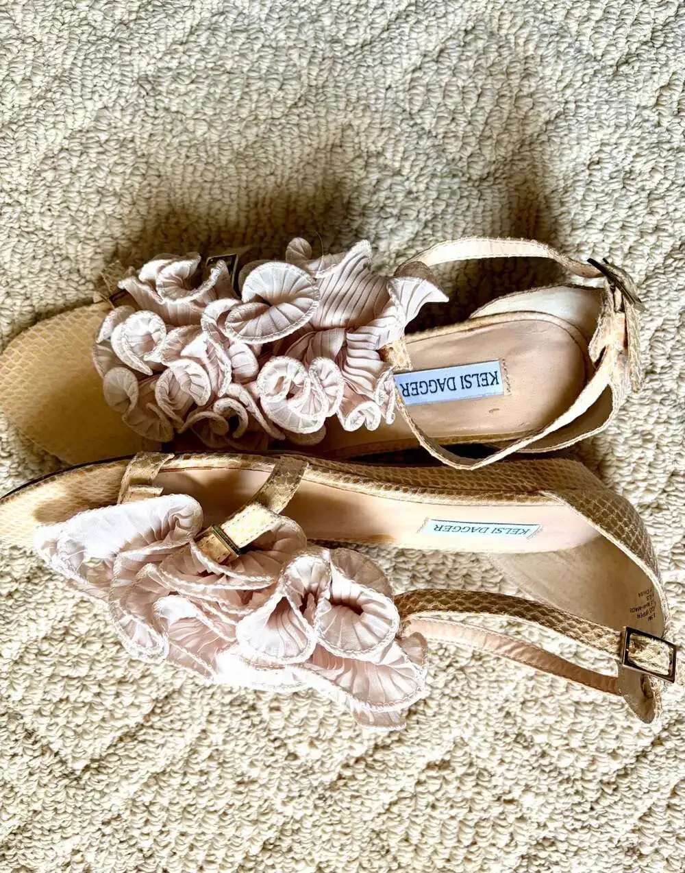 Kelsi Dagger Beige Ruffled Ankle Strap Wedge Sandals